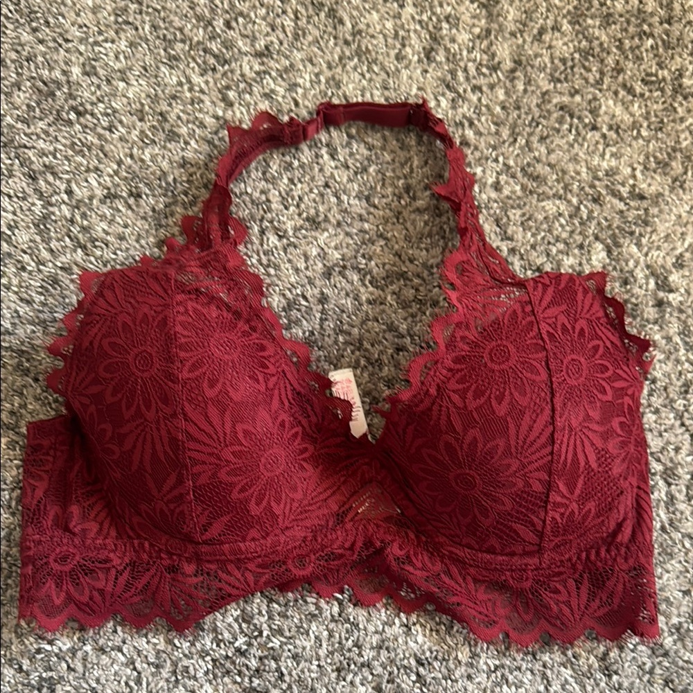 Pink Floral Lace Bralette - Deep Red